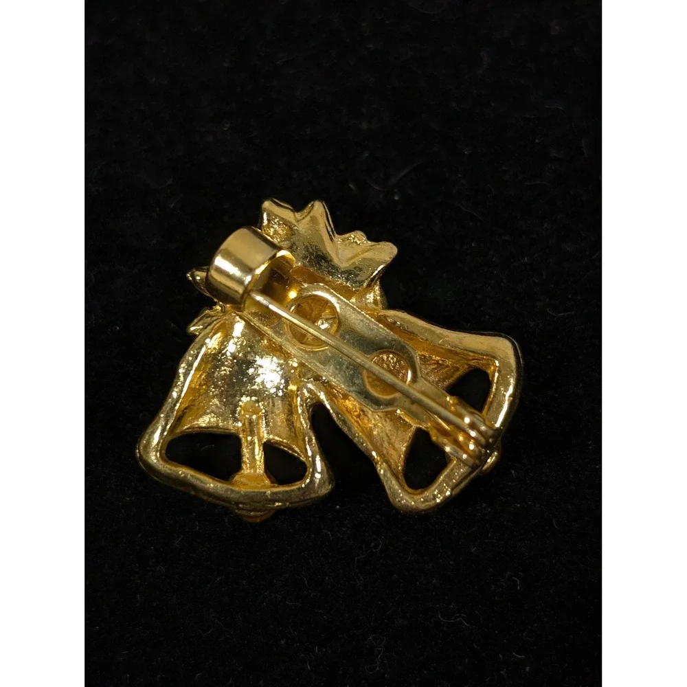 Vintage Double Bell‎ Christmas Brooch Gold Tone Holly Holiday Pin